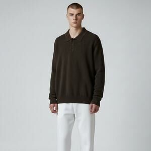 Zara Brushed Textured Polo Shirt Sweater NWT Men's Sz M Brown Long Sleeves